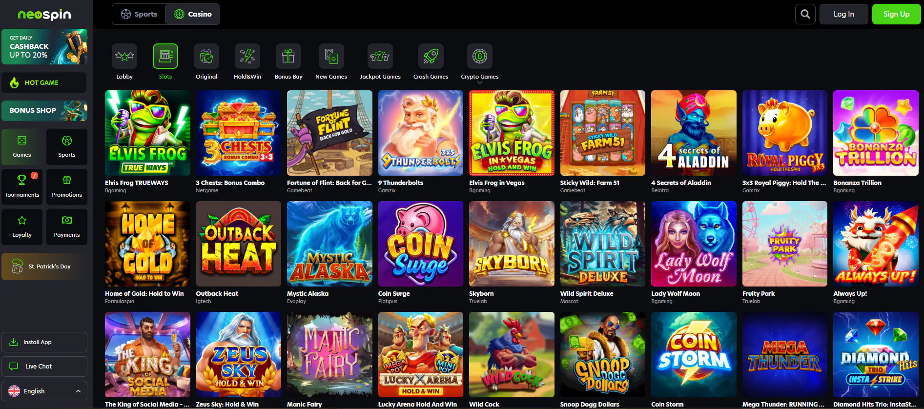 Neospin Casino homepage overview